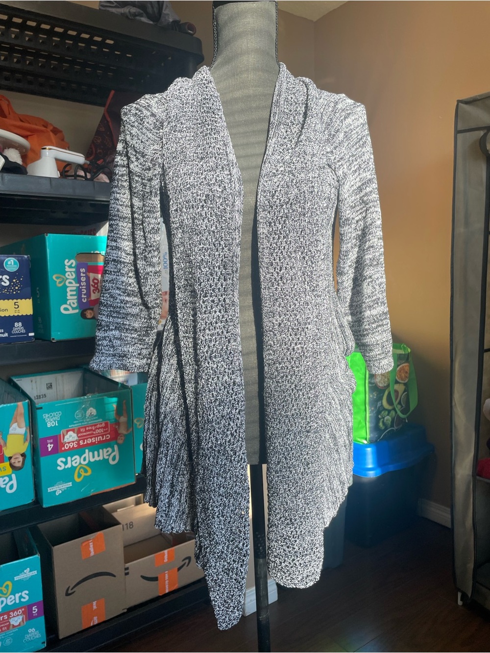 Belldini Black & White Marled Open-Front Cardigan